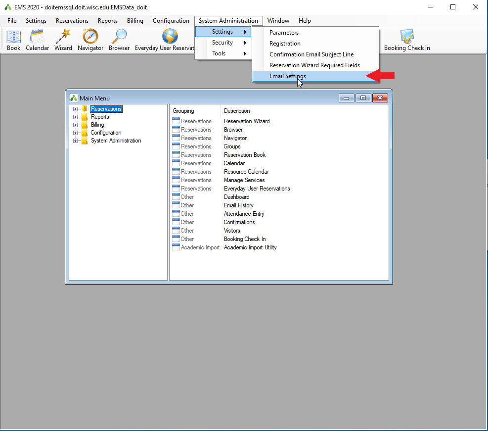 Image of EMS main Screen showing System administration dropdown, Settings dropdown, Identifying Email Settings