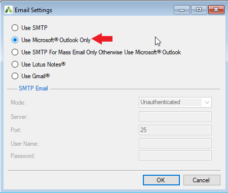 Image of EMS Email Settings Window, identifying Use Microsoft Outllook Only bullet
