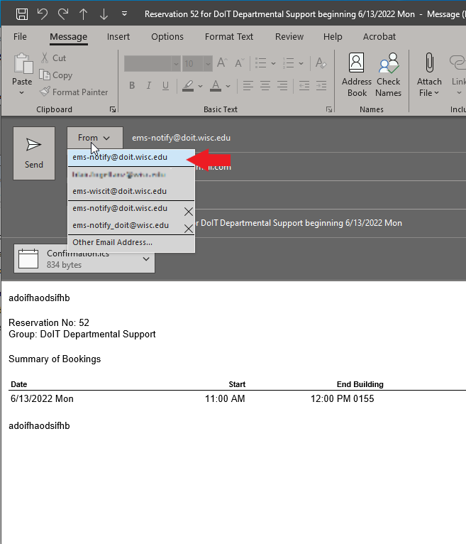 Image of Outlook New message window showing Fron dropdown