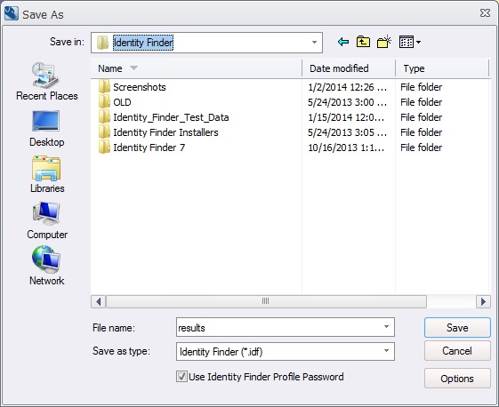 Example of a Save As screen in Windows Explorer.  Spirion opens this window automatically.  Browse to the desired save location and enter a file name.