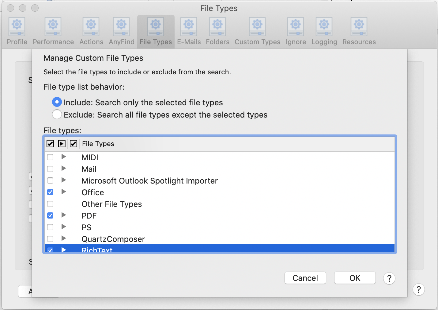 File type selection dialogue on Mac