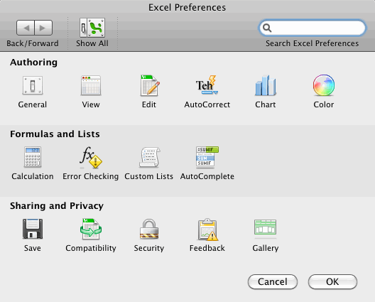 Excel preferences security
