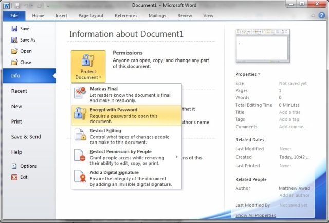 In the Permissions section, click Protect Document and select Encrypt with Password.