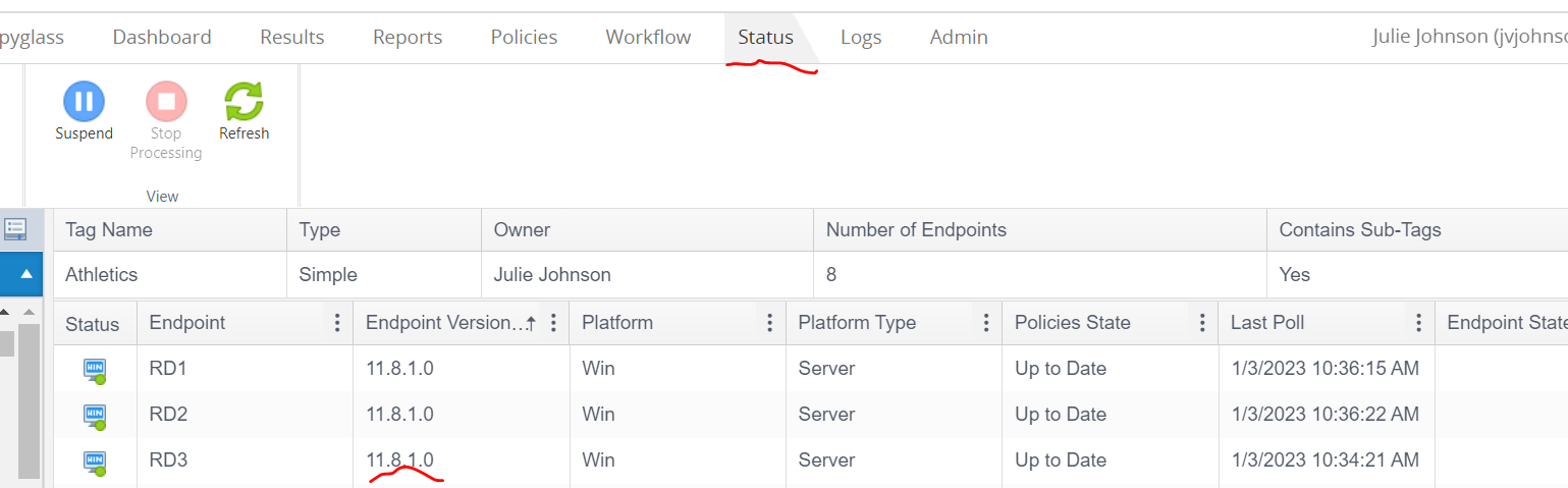 On the Spirion console, select the Status tab.  Select the Top Tag you are planning to scan.  In the main panel, there is a column titled  Endpoint Version.