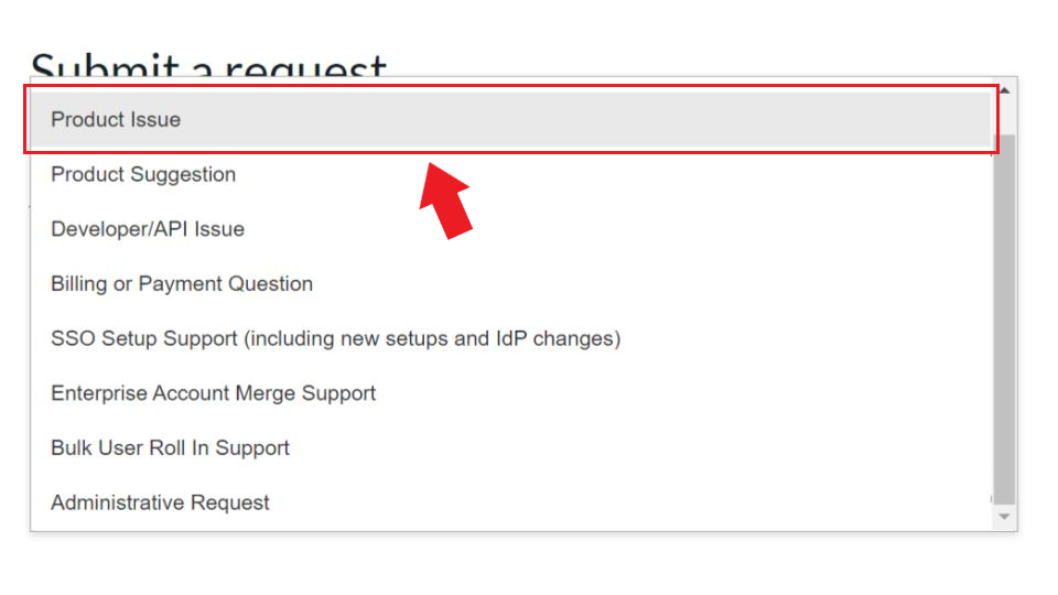 Arrow pointing to "Product Issue" in the dropdown menu