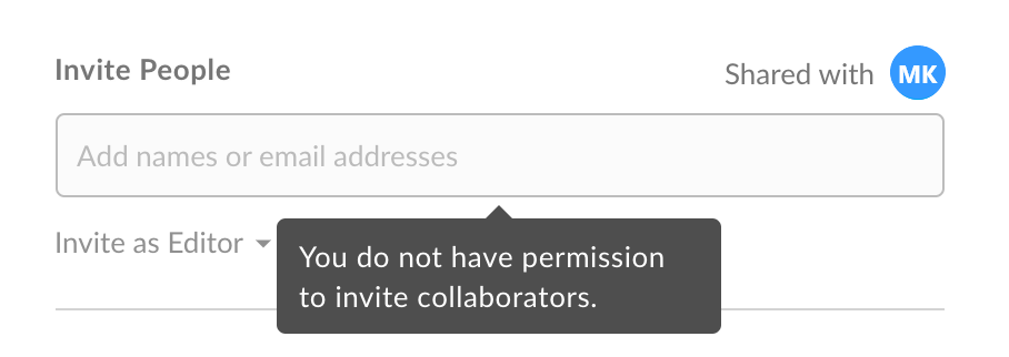 Pop-up message explaining that user doesn't have permission to invite collaborators
