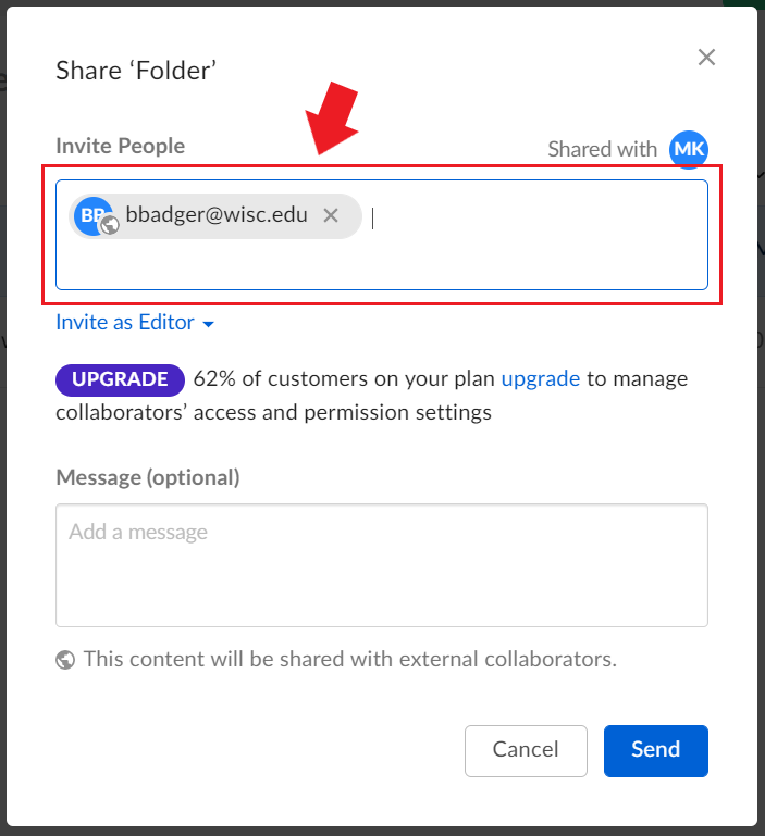 Arrow pointing to email that folder will be shared with