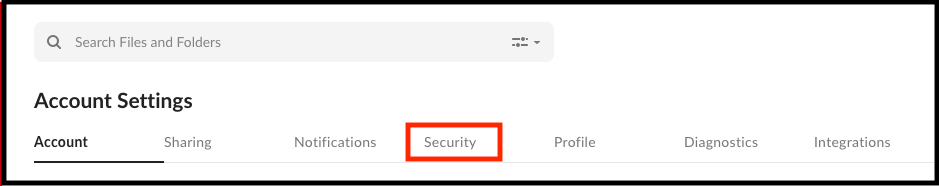 Box around the Security tab within Account Settings