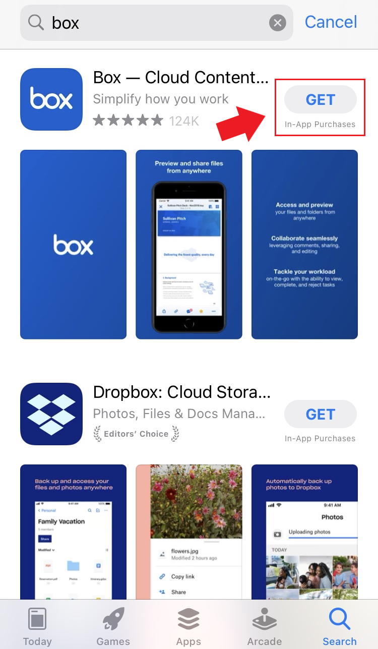 App store with the box app available to download