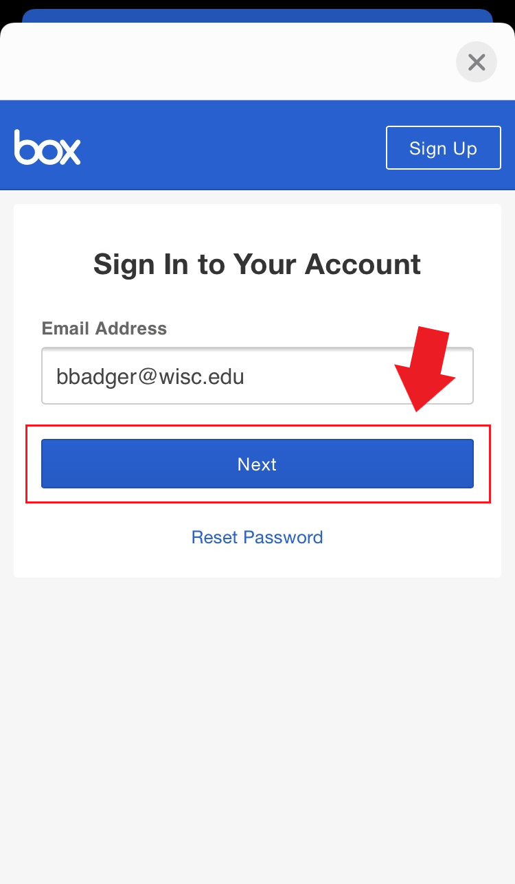Sign in page displaying a textbox to type in the email address and an arrow pointing to the "Next" button