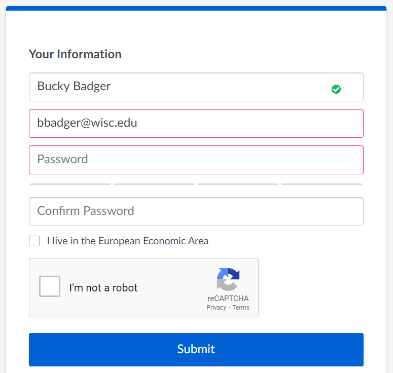 Page to create an individual Box account with the name "Bucky Badger" and the email "bbadger@wisc.edu" entered.