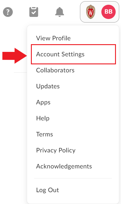 Arrows pointing to "Account Settings" in the dropdown menu.