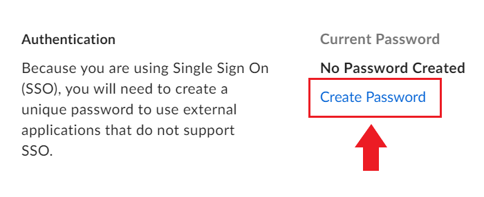 Arrow pointing to "Create Password" in the "Authentication" section
