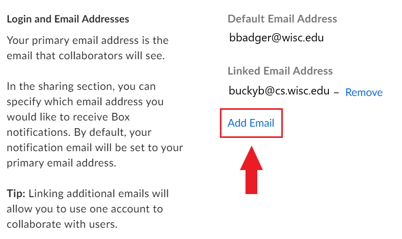 Arrow pointing to the "Add Email" button in the "Login and Email Addresses" section