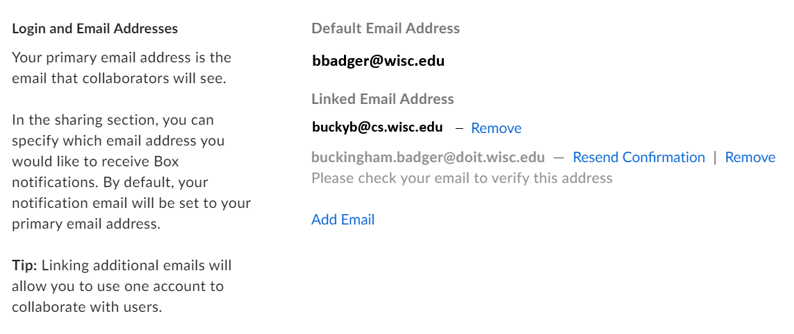 Emails displayed in the "Login and Email Addresses" section with one email grayed out
