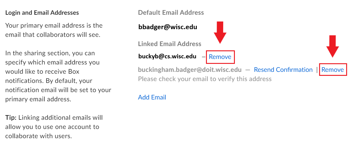 Arrows point to the "Remove" buttons by the emails