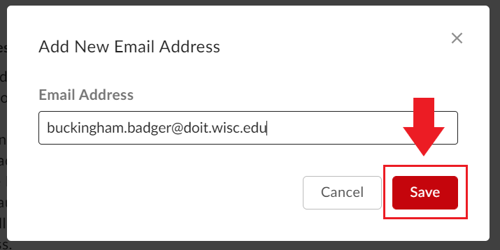 Arrow pointing to the "Save" button in the "Add New Email" box