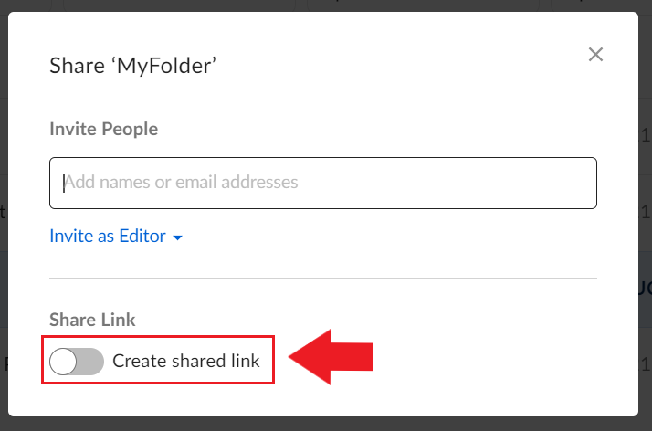 Arrow pointing to "Create Shared Link Switch" button.