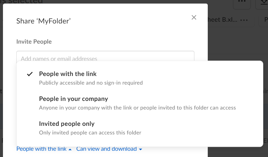 A dropdown menu with options "People with the link", "People in your company", and "Invited people only"