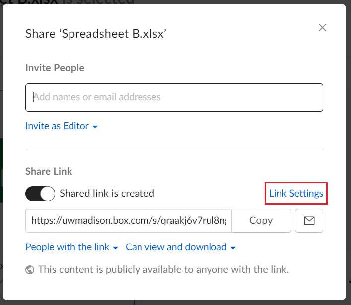 "Link Settings" button located in the "Shared Link" section of the pop-up box