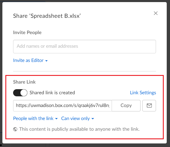 Box highlighting the shared link options