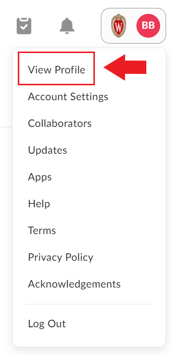 Arrow pointing to the "View Profile" button in the drop down menu.