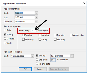 Outlook Appointment Recurrence Screen