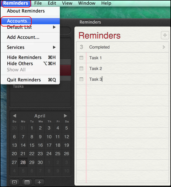select Accounts from within Reminders menu