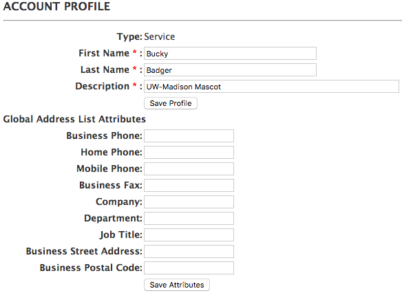 account profile screen for service account