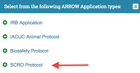 Select SCRO Protocol from the list of "ARROW Application Types"
