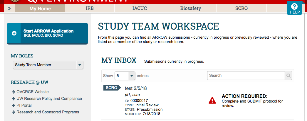 Use the Study Team Workspace MY INBOX to track whether action is needed on a protocol.