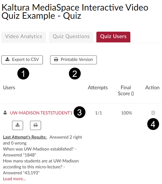 A screenshot of a Kaltura video quiz "Quiz Users" analytics tab. Callouts indicate (1) Export to CSV button, (2) Printable Version button, (3) an example student name that has been clicked on to expand, and (4) the trash can icon used to delete a student's video quiz attempt.