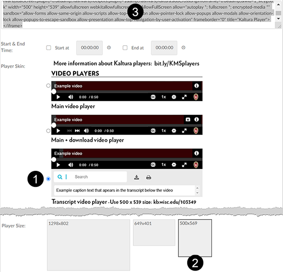 A screenshot showing the Kaltura MediaSpace embed tab. Callouts indicate the (1) Transcript video player radio button selection, (2) the 500x539 Player Size selection, and (3) the embed code to copy.