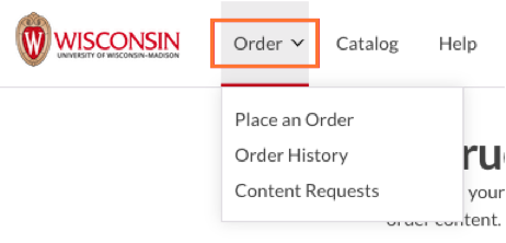 Order menu is open, with options: "place an order", "order history", and "content requests"