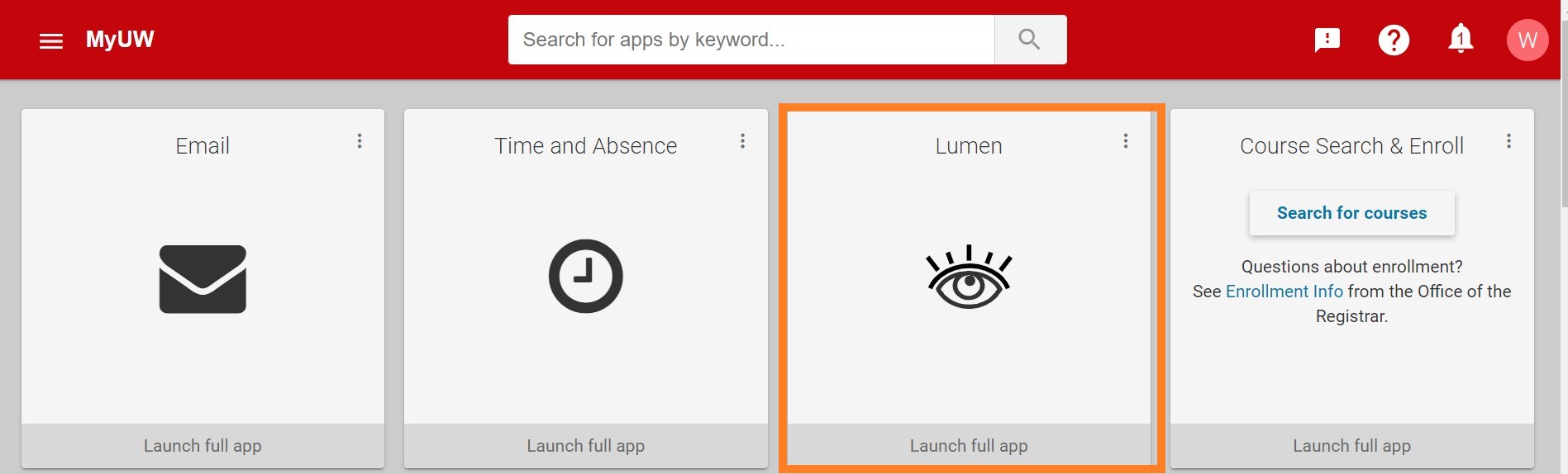 Image of MyUW homepage with Lumen tile highlighted