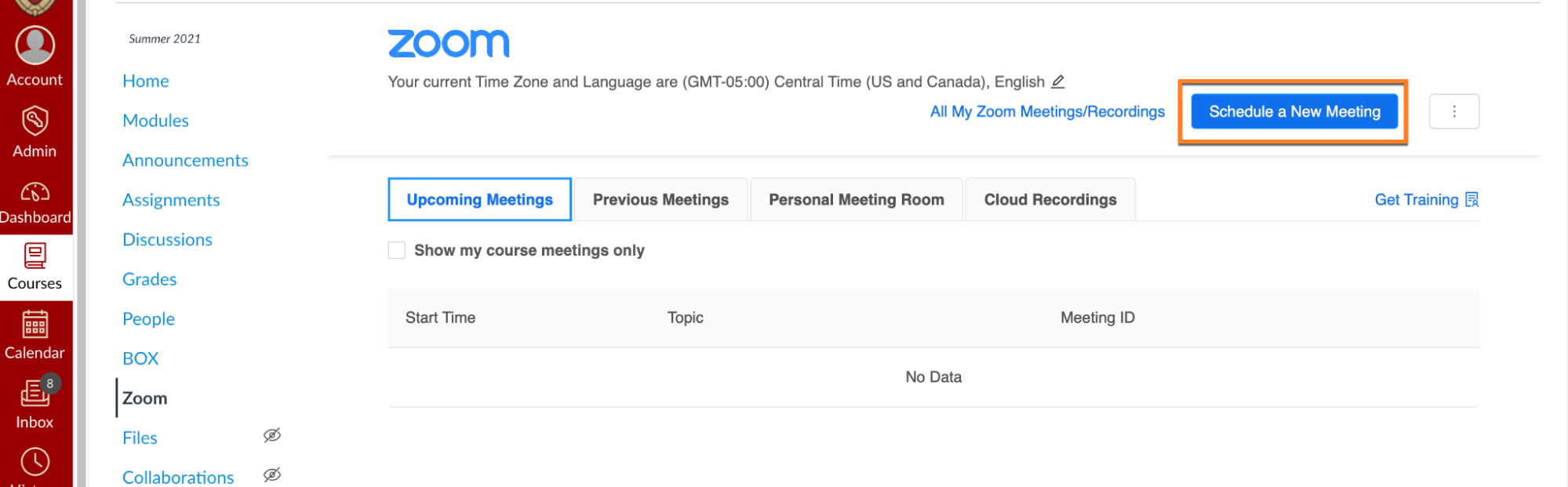 The Zoom-Canvas integration page is loaded, and "Schedule a new Meeting" is highlighted in orange in the upper right corner