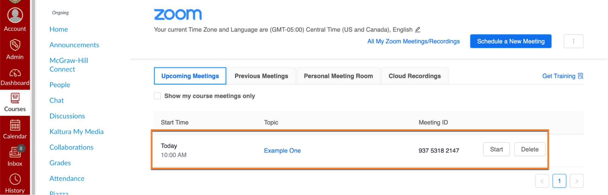 Zoom-Canvas integration is loaded, with new meeting now on homepage