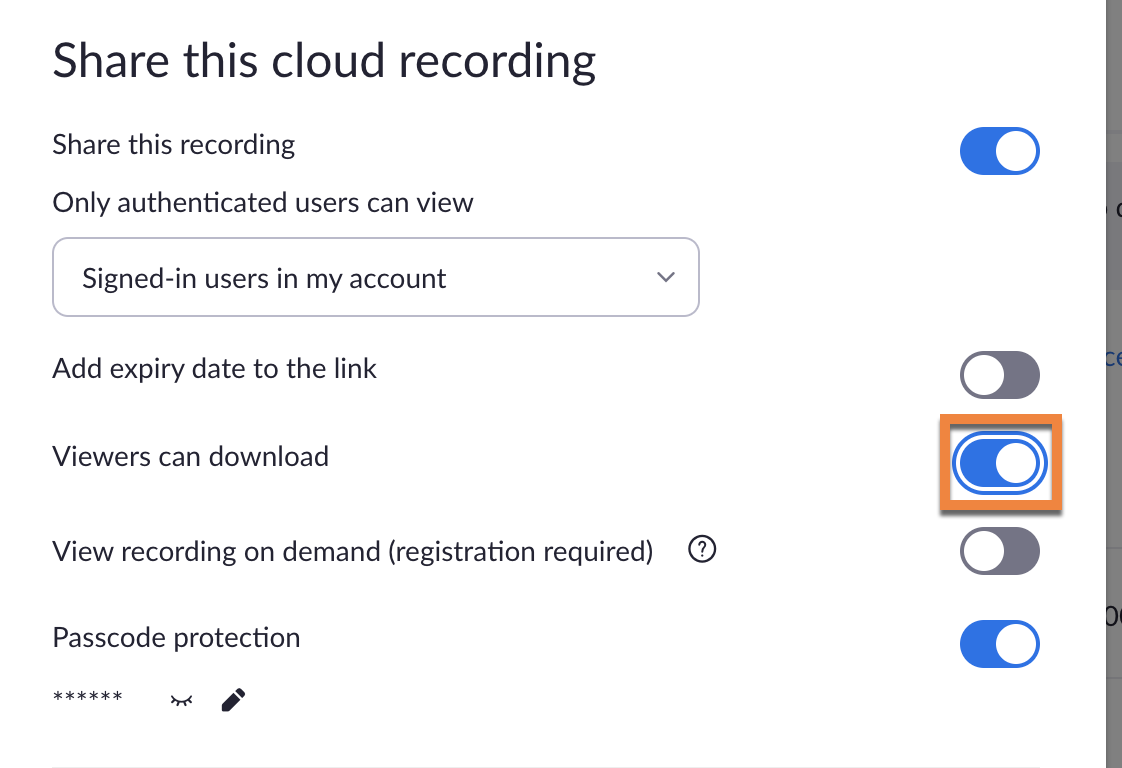 Screenshot of sharing menu with "viewers can download" switch highlighted