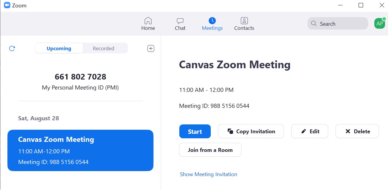 Image shows "meetings" tab of Zoom app