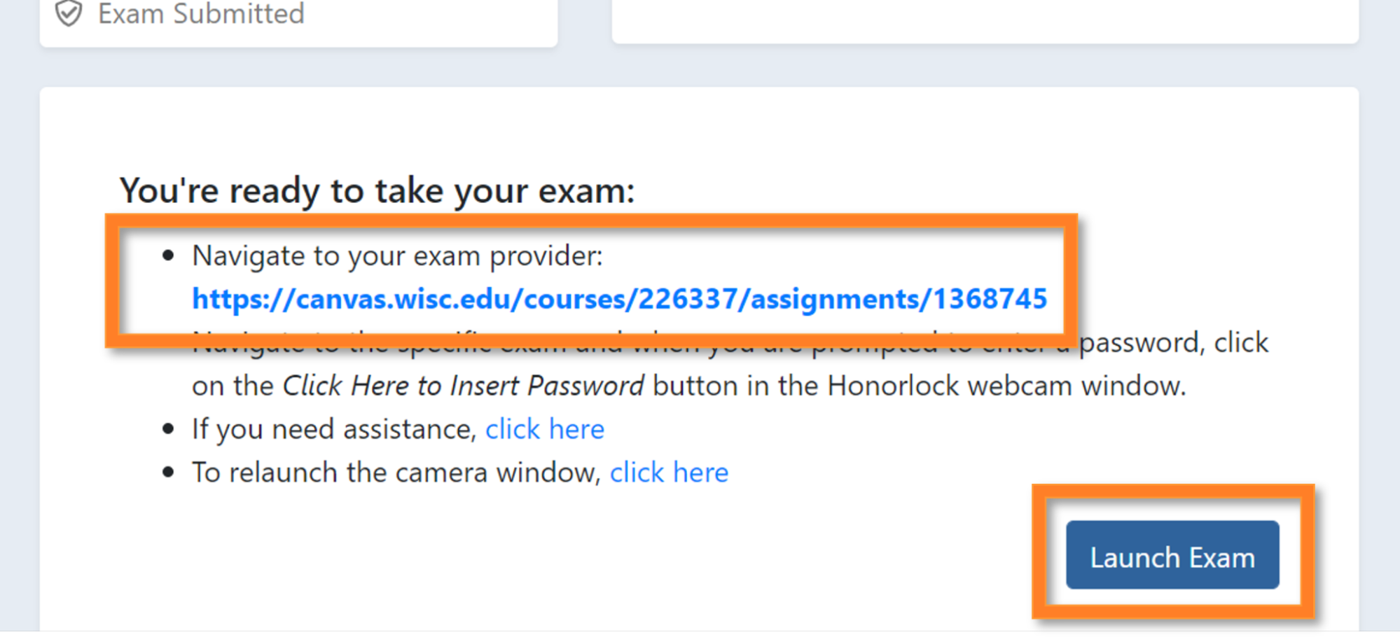 Launch exam button or click on the link