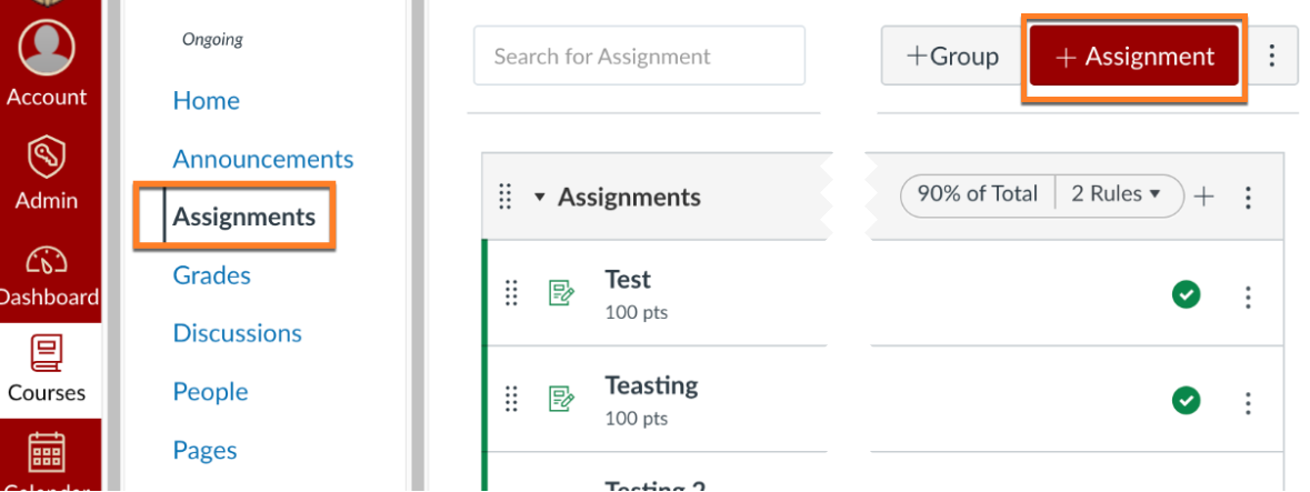 Screen Shot of Canvas assignments page with +Assignment button highlighted