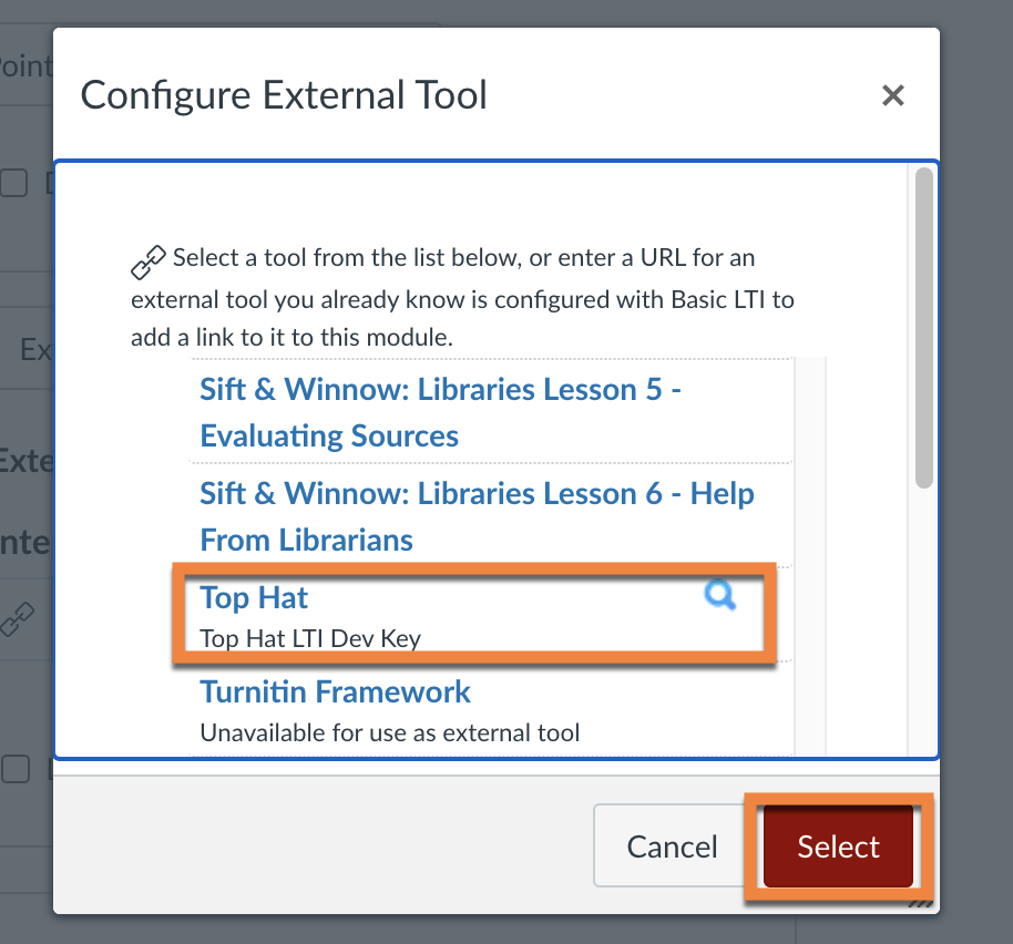 Canvas "Configure External Tool" menu shown