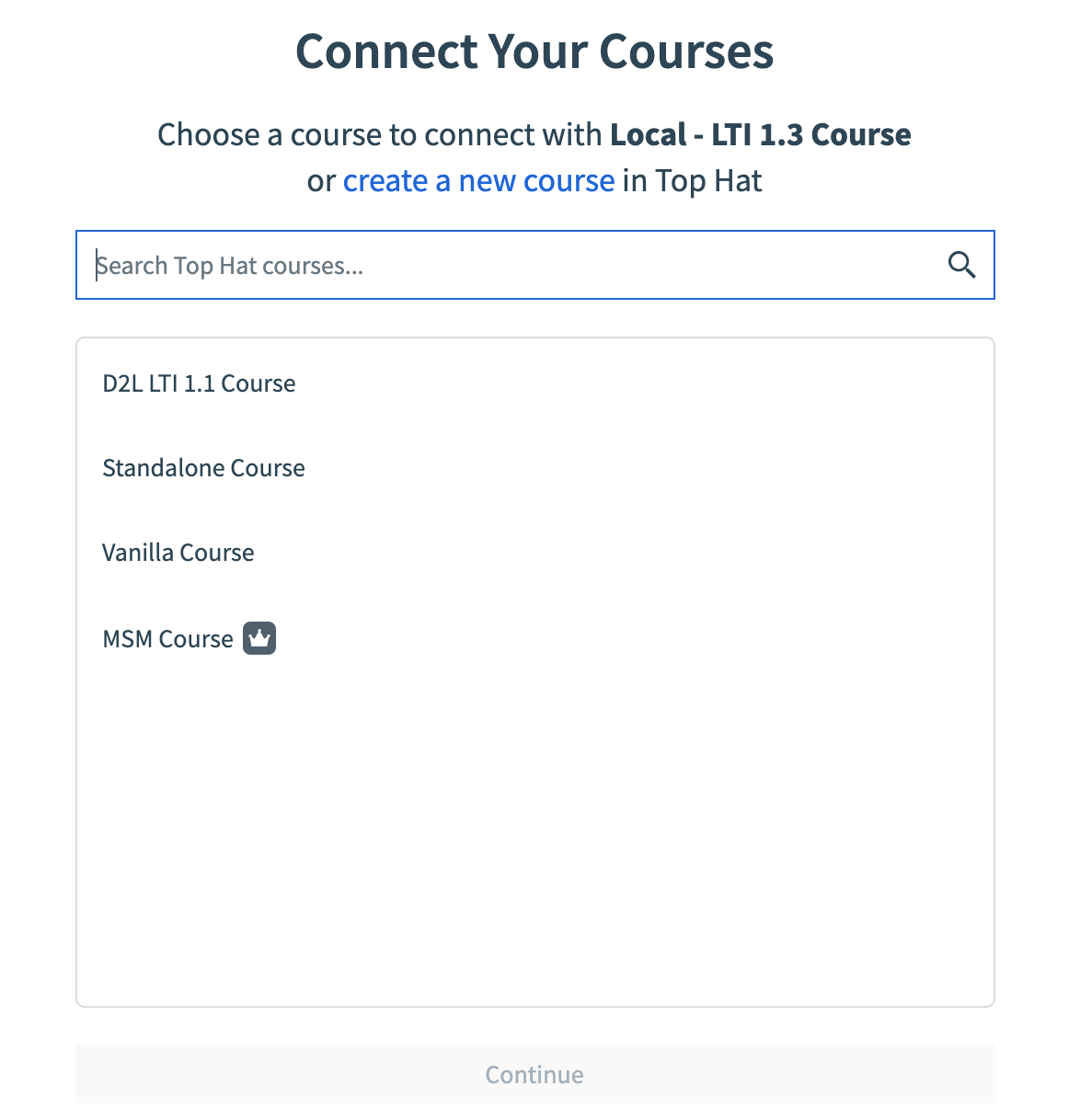 Connect Your Courses prompt displayed with Continue highlighted