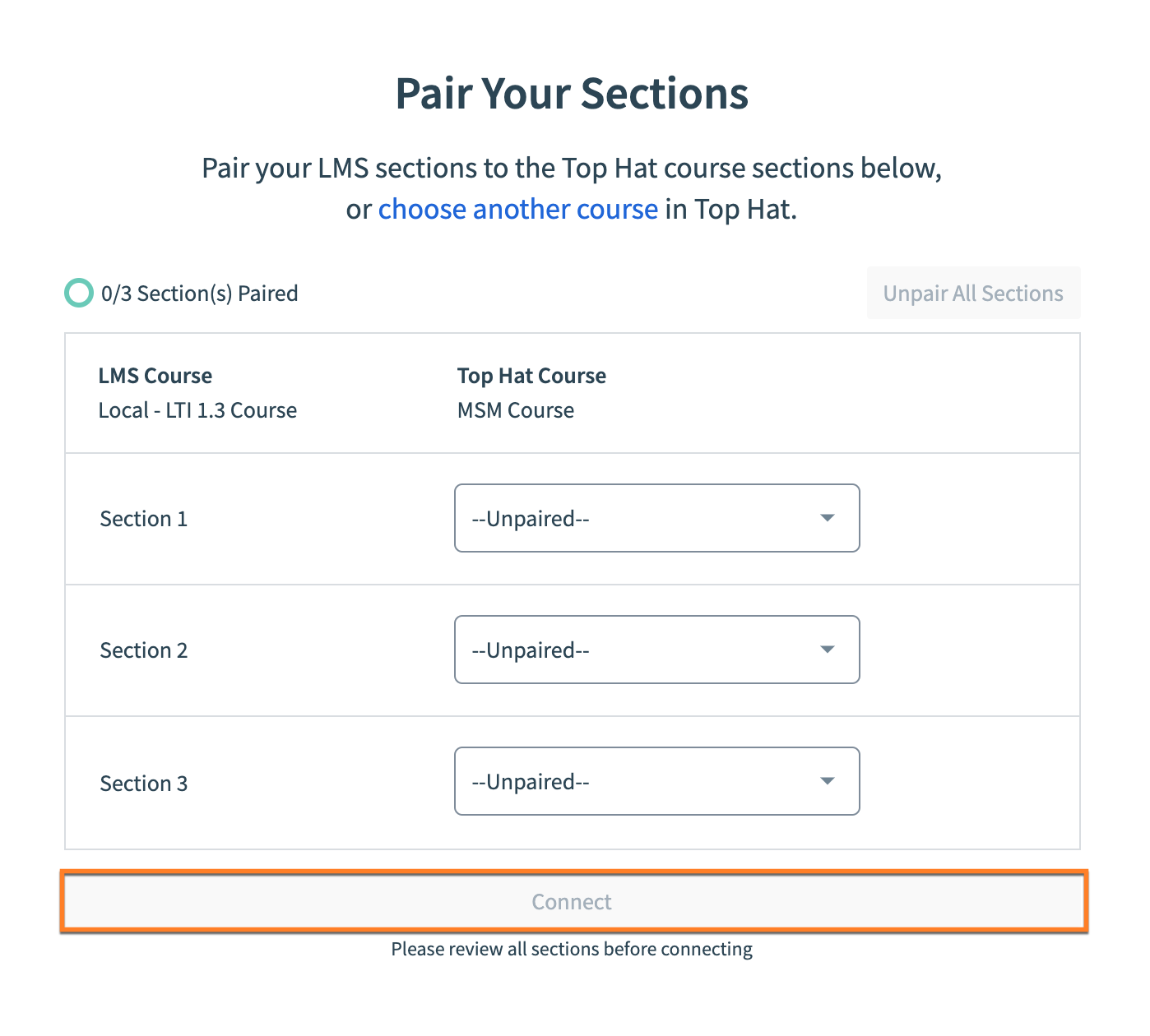 Pair Your Sections page is shown with Connect highlighted