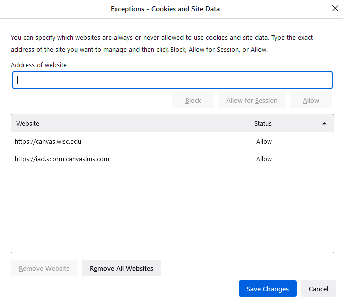Image shows the "Manage Exceptions" window in Firefox Settings, with two example URLs listed; one for the Canvas course and one for the SCORM content.