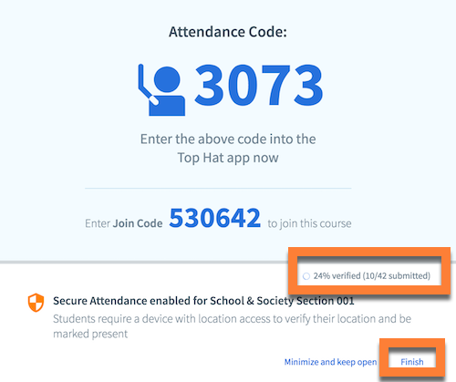 Screenshot of Secure Attendance window with Finish highlighted