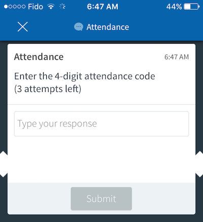 Mobile screenshot of attendance code entry