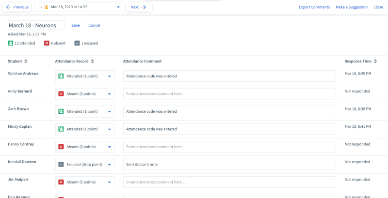 Screenshot of instructor editing comments