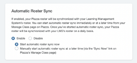 Image shows radio buttons where you can select "enable" or "Disable" to start auto roster sync