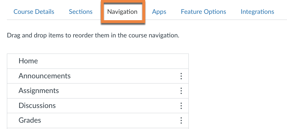 Image of tabs on Settings page with Navigation selected